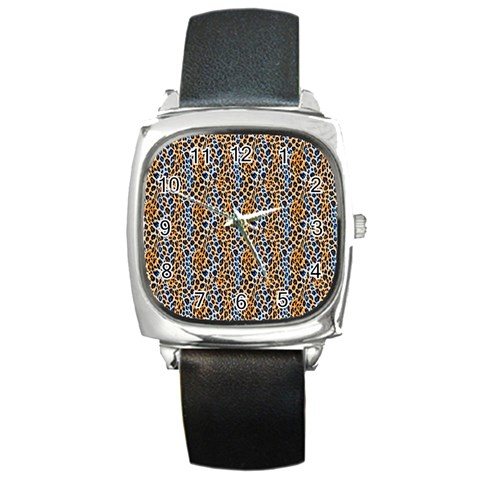 Blue Brown Leopard Square Metal Watch from ArtsNow.com Front