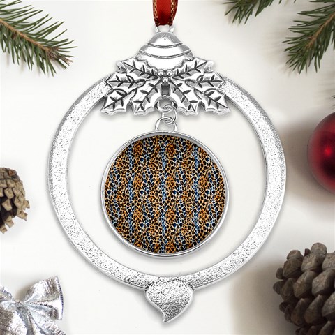 Blue Brown Leopard Metal Silver X mas Leaves Round Ornament from ArtsNow.com Front