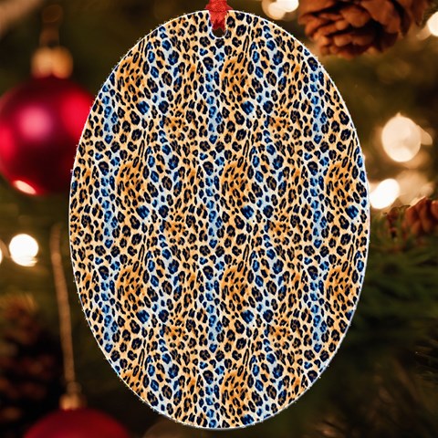 Blue Brown Leopard UV Print Acrylic Ornament Oval from ArtsNow.com Front