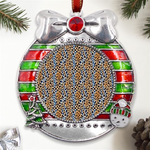 Blue Brown Leopard Metal X Mas Ribbon With Red Crystal Round Ornament from ArtsNow.com Front