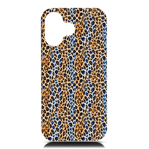 Blue Brown Leopard iPhone 16 Black UV Print PC Hardshell Case from ArtsNow.com Front