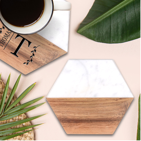 Light Grey Snake Marble Wood Coaster (Hexagon)  from ArtsNow.com Front