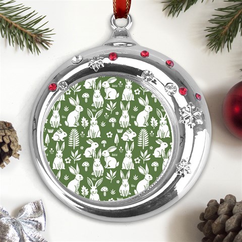 Easter bunny pattern Metal Snowflake Red Crystal Round Ornament from ArtsNow.com Front