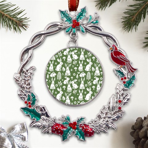 Easter bunny pattern Metal X mas Wreath Holly leaf Ornament from ArtsNow.com Front