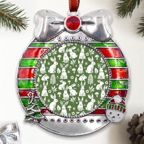 Easter bunny pattern Metal X Mas Ribbon With Red Crystal Round Ornament from ArtsNow.com Front
