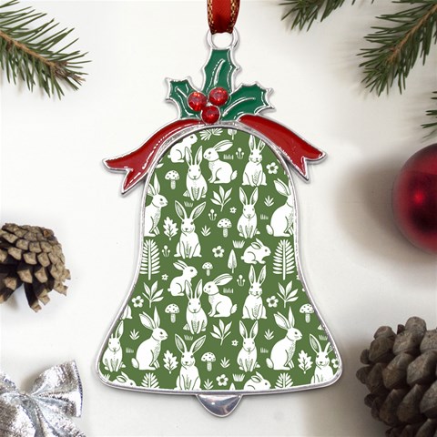 Easter bunny pattern Metal Holly Leaf Bell Ornament from ArtsNow.com Front