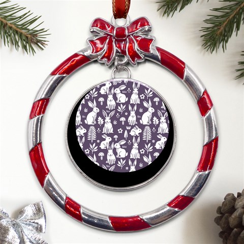Easter bunny pattern Metal Red Ribbon Round Ornament from ArtsNow.com Front