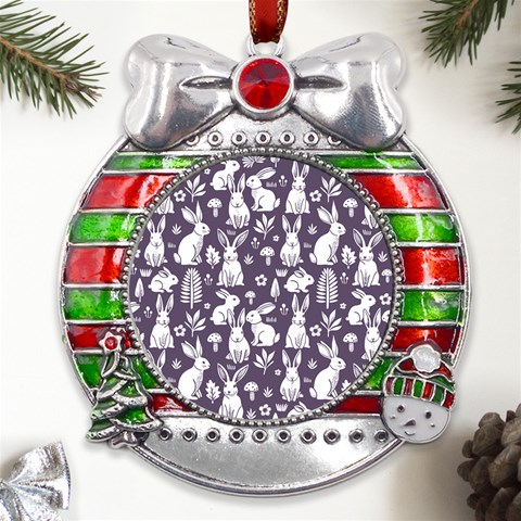 Easter bunny pattern Metal X Mas Ribbon With Red Crystal Round Ornament from ArtsNow.com Front