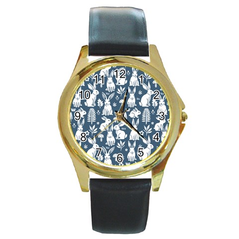Easter bunny pattern Round Gold Metal Watch from ArtsNow.com Front