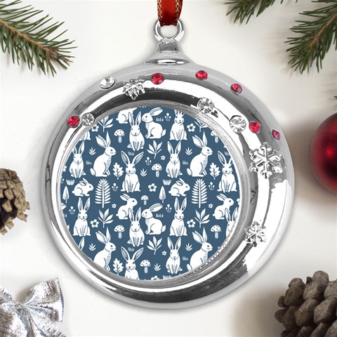 Easter bunny pattern Metal Snowflake Red Crystal Round Ornament from ArtsNow.com Front