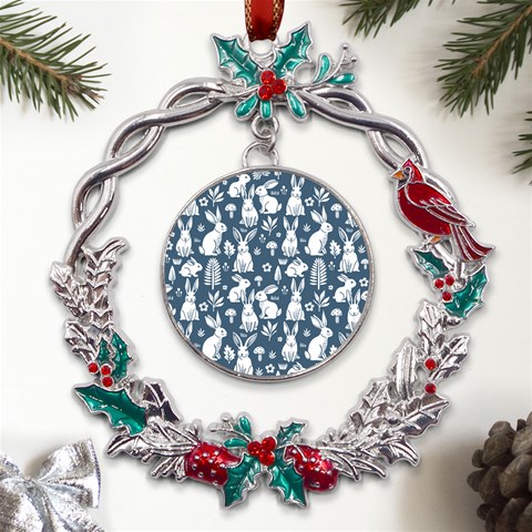 Easter bunny pattern Metal X mas Wreath Holly leaf Ornament from ArtsNow.com Front