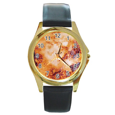 Burnt paper texture print design Round Gold Metal Watch from ArtsNow.com Front