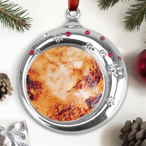 Burnt paper texture print design Metal Snowflake Red Crystal Round Ornament from ArtsNow.com Front