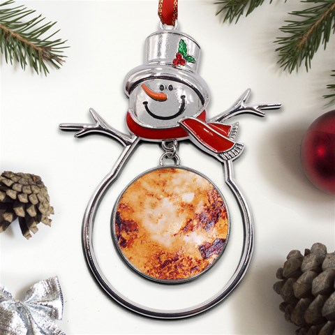 Burnt paper texture print design Metal Snowman Ornament from ArtsNow.com Front