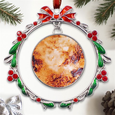 Burnt paper texture print design Metal X mas Wreath Ribbon Ornament from ArtsNow.com Front