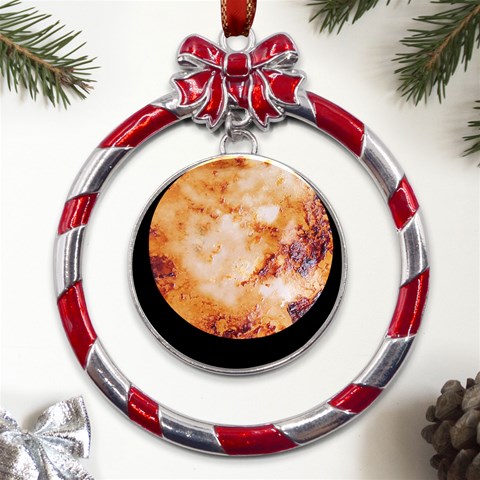 Burnt paper texture print design Metal Red Ribbon Round Ornament from ArtsNow.com Front