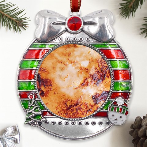 Burnt paper texture print design Metal X Mas Ribbon With Red Crystal Round Ornament from ArtsNow.com Front