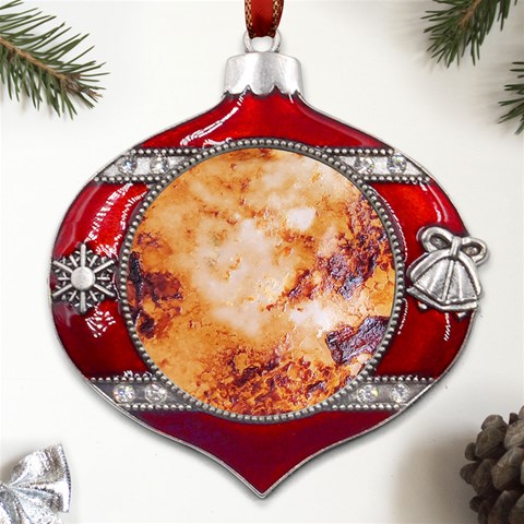 Burnt paper texture print design Metal Snowflake And Bell Red Ornament from ArtsNow.com Front