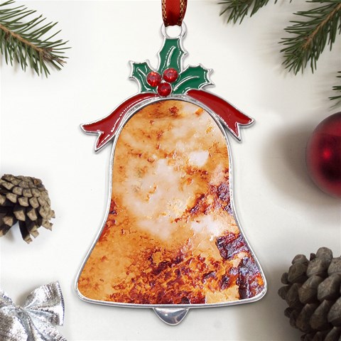 Burnt paper texture print design Metal Holly Leaf Bell Ornament from ArtsNow.com Front