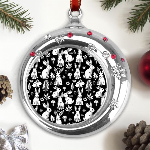 Easter bunny pattern Metal Snowflake Red Crystal Round Ornament from ArtsNow.com Front