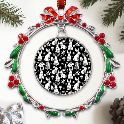 Easter bunny pattern Metal X mas Wreath Ribbon Ornament from ArtsNow.com Front