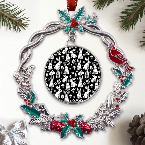 Easter bunny pattern Metal X mas Wreath Holly leaf Ornament from ArtsNow.com Front