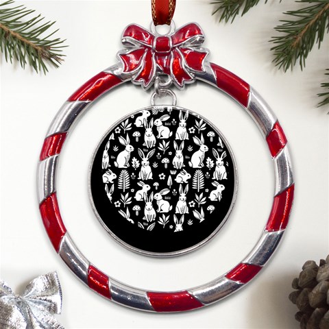Easter bunny pattern Metal Red Ribbon Round Ornament from ArtsNow.com Front