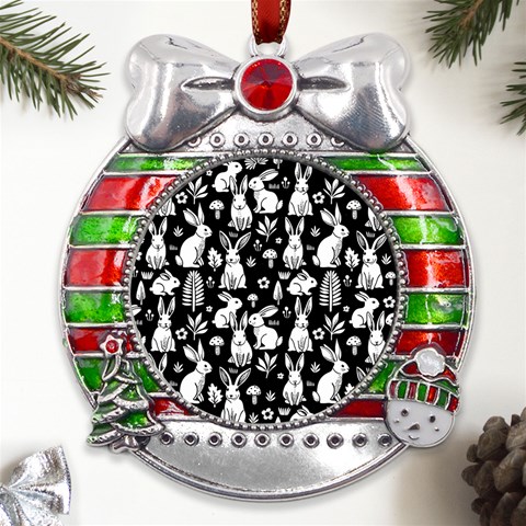 Easter bunny pattern Metal X Mas Ribbon With Red Crystal Round Ornament from ArtsNow.com Front