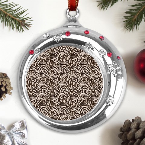 Brown Beige Snake Pattern Metal Snowflake Red Crystal Round Ornament from ArtsNow.com Front
