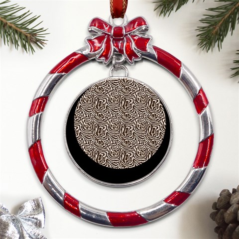 Brown Beige Snake Pattern Metal Red Ribbon Round Ornament from ArtsNow.com Front