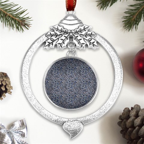 Blue Black Snake Pattern Metal Silver X mas Leaves Round Ornament from ArtsNow.com Front