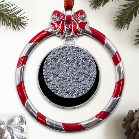 Blue Black Snake Pattern Metal Red Ribbon Round Ornament from ArtsNow.com Front