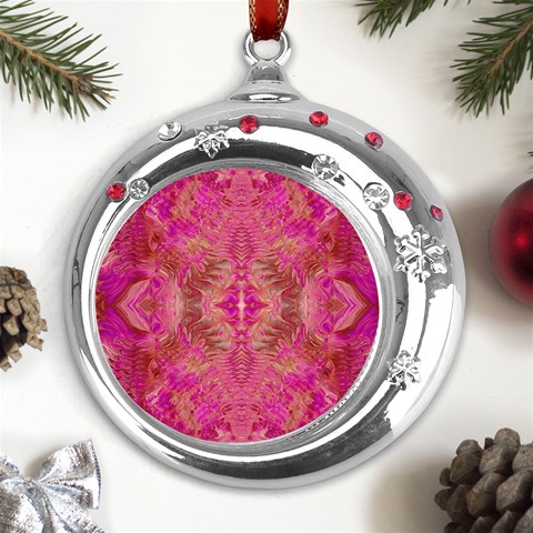 Tondo symmetry Metal Snowflake Red Crystal Round Ornament from ArtsNow.com Front