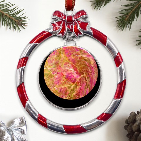Acid green blend Metal Red Ribbon Round Ornament from ArtsNow.com Front