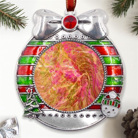 Acid green blend Metal X Mas Ribbon With Red Crystal Round Ornament from ArtsNow.com Front