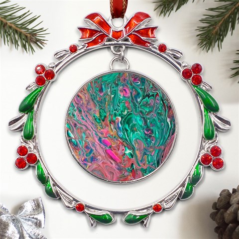 Green Pour Metal X mas Wreath Ribbon Ornament from ArtsNow.com Front
