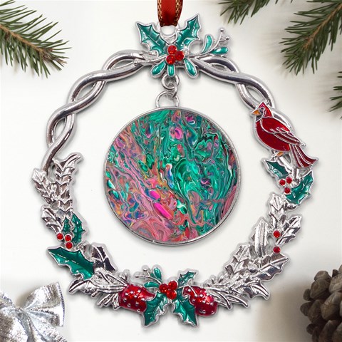 Green Pour Metal X mas Wreath Holly leaf Ornament from ArtsNow.com Front