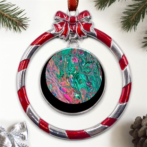 Green Pour Metal Red Ribbon Round Ornament from ArtsNow.com Front