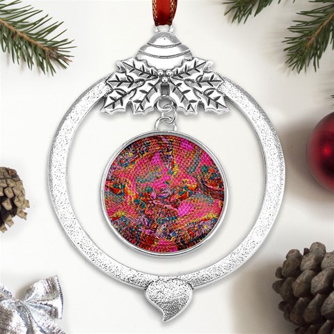 Collage  Metal Silver X mas Leaves Round Ornament from ArtsNow.com Front