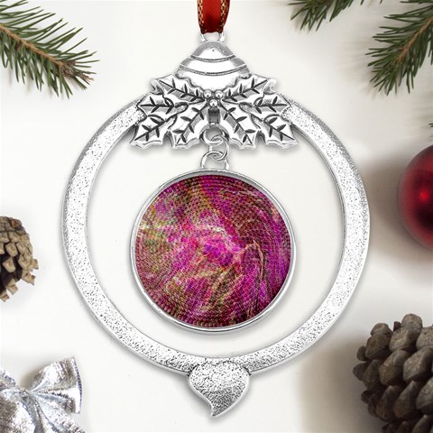 Pink blend Metal Silver X mas Leaves Round Ornament from ArtsNow.com Front