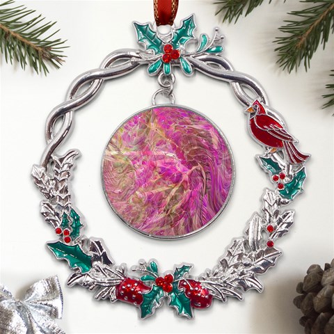 Pink blend Metal X mas Wreath Holly leaf Ornament from ArtsNow.com Front