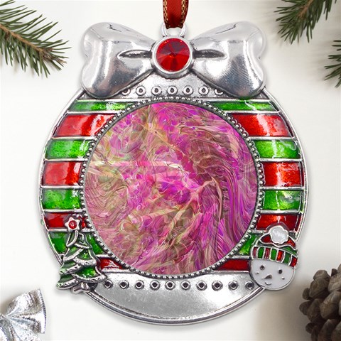 Pink blend Metal X Mas Ribbon With Red Crystal Round Ornament from ArtsNow.com Front