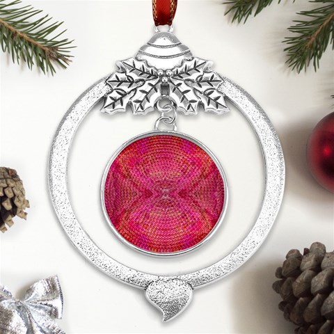 Pink Pour  Metal Silver X mas Leaves Round Ornament from ArtsNow.com Front