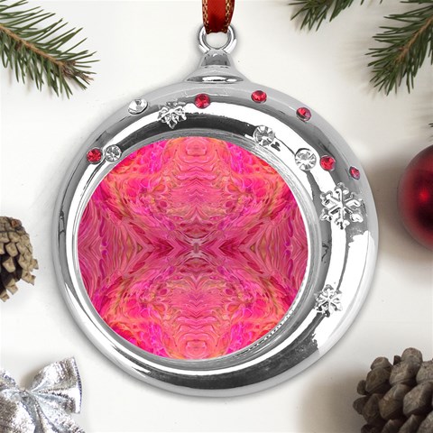 Pink Pour  Metal Snowflake Red Crystal Round Ornament from ArtsNow.com Front