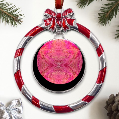 Pink Pour  Metal Red Ribbon Round Ornament from ArtsNow.com Front