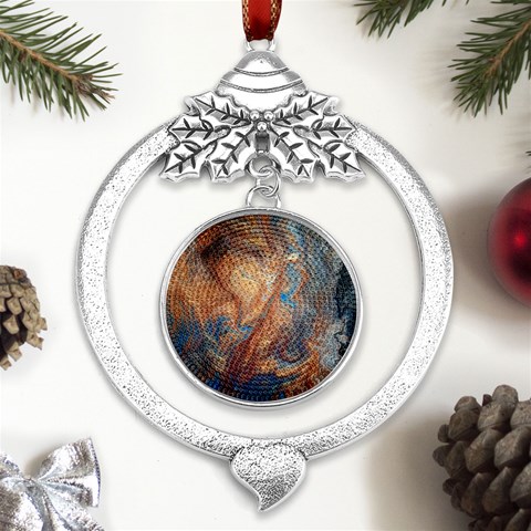 Blue flow Metal Silver X mas Leaves Round Ornament from ArtsNow.com Front