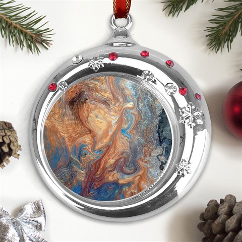 Blue flow Metal Snowflake Red Crystal Round Ornament from ArtsNow.com Front