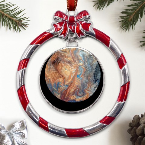 Blue flow Metal Red Ribbon Round Ornament from ArtsNow.com Front