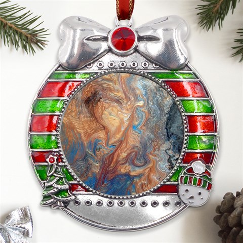 Blue flow Metal X Mas Ribbon With Red Crystal Round Ornament from ArtsNow.com Front
