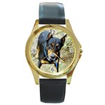 Doberman Pinscher Dog Round Gold Metal Watch